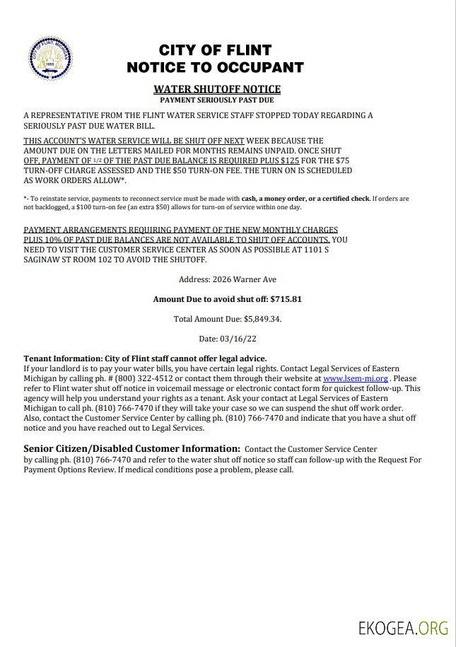 USA City of Flint Michigan Notice to occupant water utility bill shutoff notice, Word and PDF template